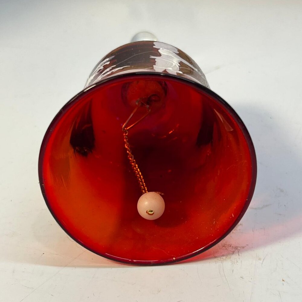 Vintage Red Crystal Glass Hand Bell White Etched Boy Fishing Scene 6 Inches - Picture 3 of 3
